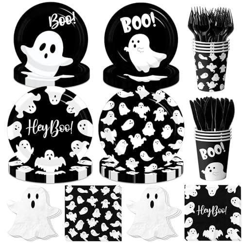 Halloween Paper Plates and Napkins, 60Pcs Black Ghost Plates and Napkins Cute Boo Ghost Tableware Set for Halloween Birthday Party Decorations Boo Baby Shower Party Supplies (Black)