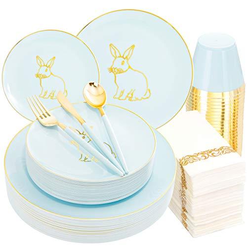 YOUBET 175PCS Easter Disposable Plates - Green and Gold Plastic Plates with Rabbit for 25 Guests include 50Plates, 75Plastic Silverware, 25Cups and 25Napkins for Easter Party
