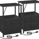 LOAKEKEL Night Stand Set 2, Black Nightstand with Charging Station, End Tables with Storage Shelf for Small Spaces, Bedside Table Side Tables with 2 Fabric Drawers for Bedroom, HETS020BK