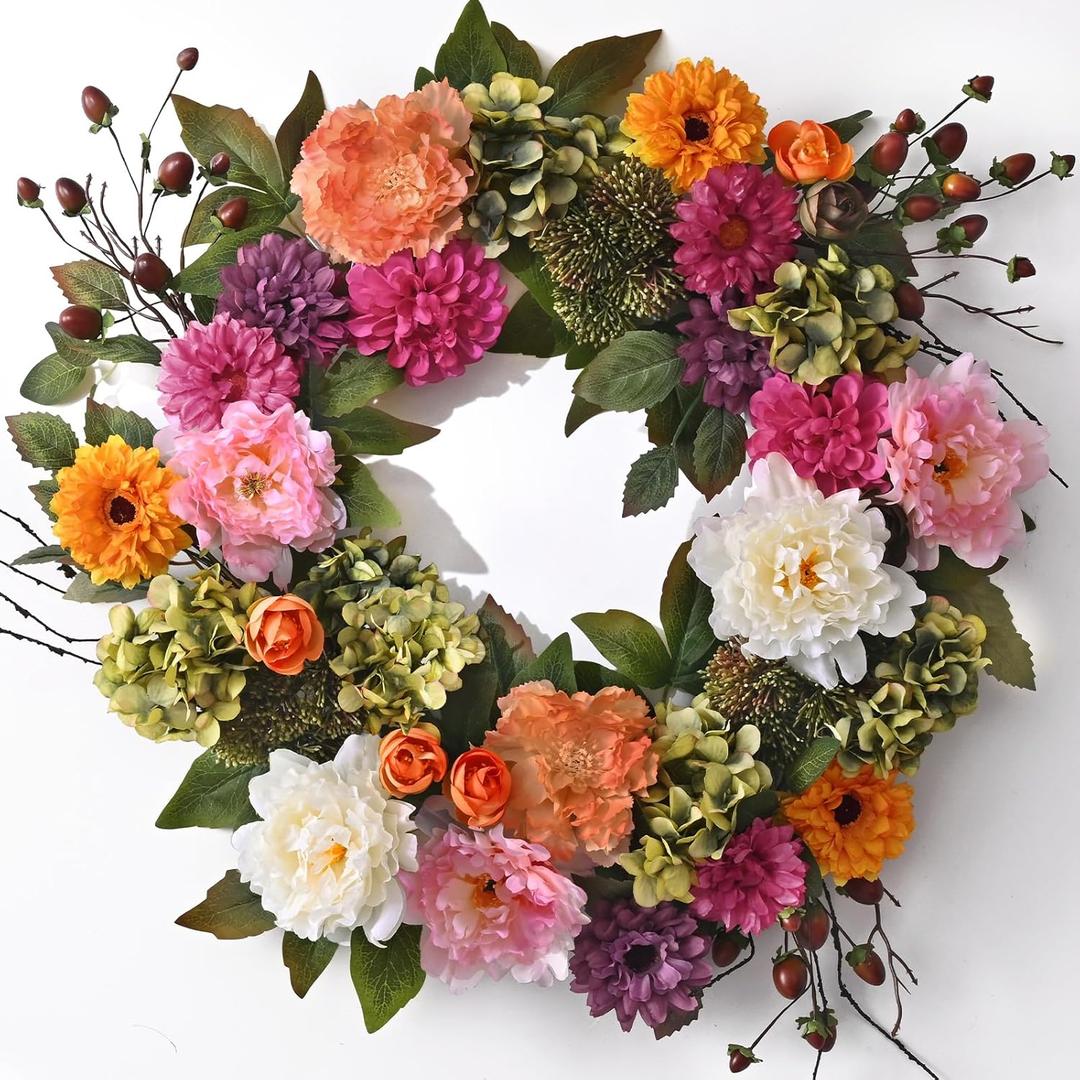 2 Pcs Spring Wreaths for Front Door, 22 Inch Spring Front Door Wreath Indoors Outdoor Decor with Hydrangea, Peony, Summer Floral Wreaths for Front Door Outside All Season for Home Porch Decor