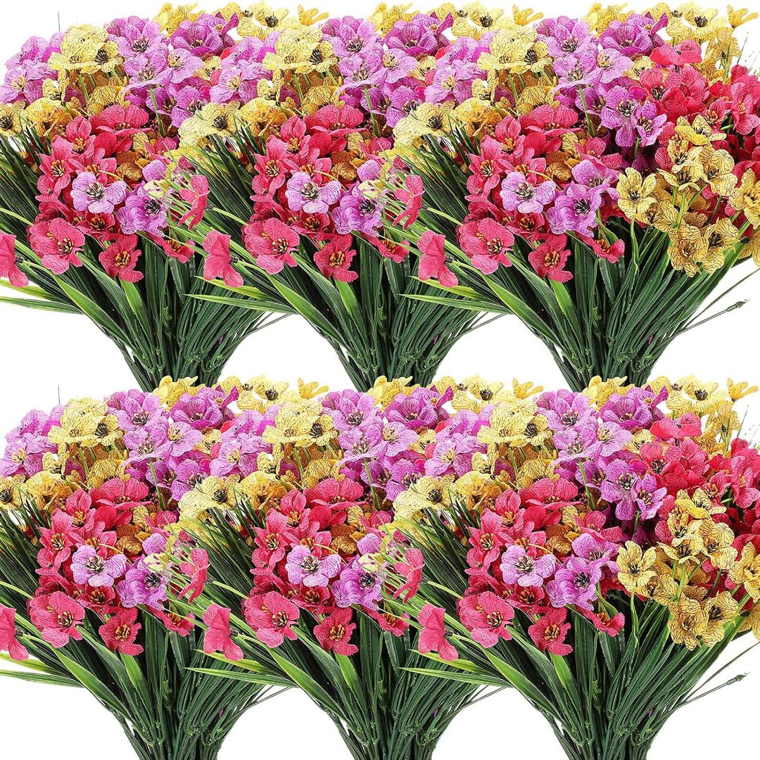 Lyrow 100 Bundles Violet Artificial Flowers, UV Resistant Faux Flowers Outdoor, Faux Silk Flowers, Fake Violet Flowers Bulk for Front Porch Hanging Garden Courtyard Farmhouse Home(Colorful)