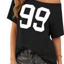 LilyCoco Womens Off The Shoulder Graphic Tees Casual Short Sleeve Asymmetrical Top Black X-Large