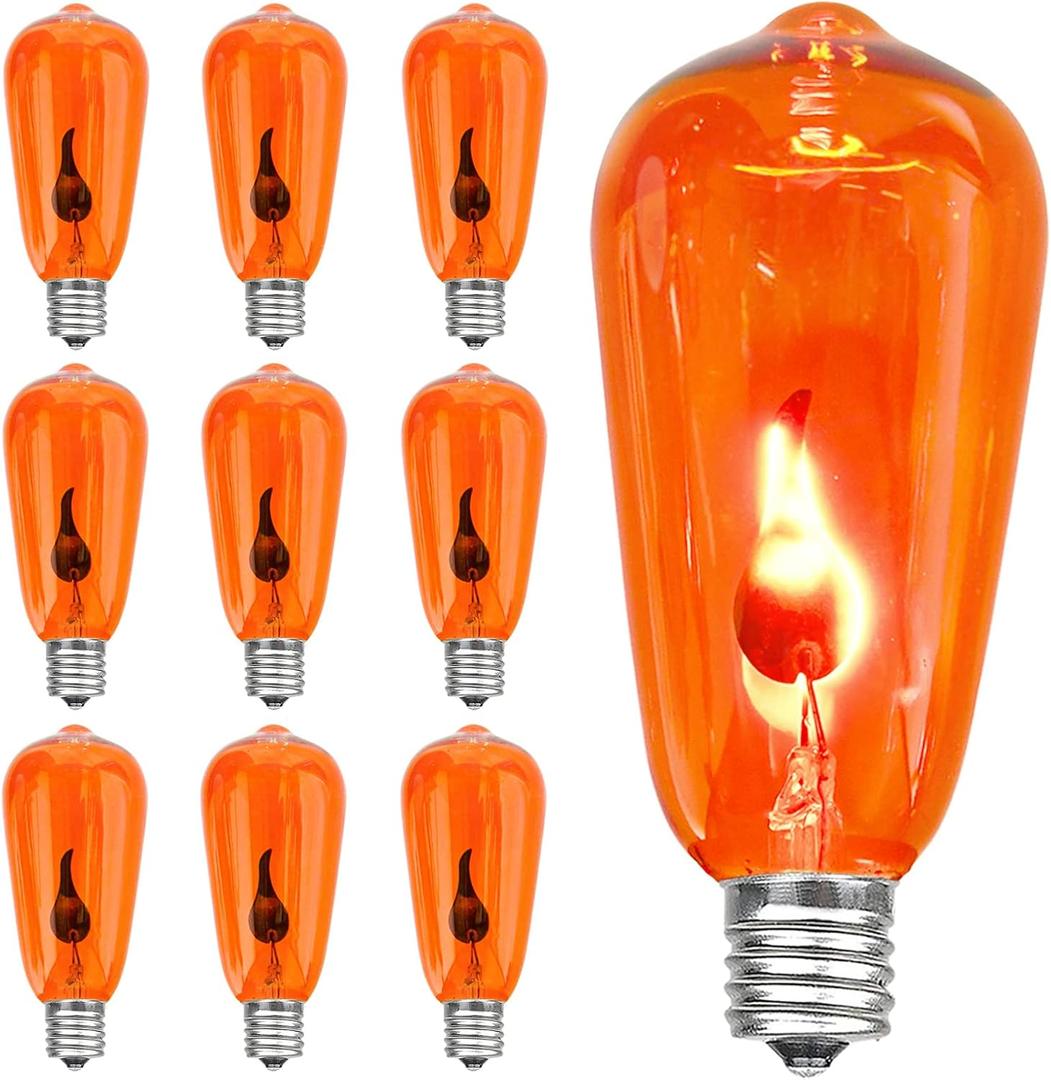 SUNSGNE Halloween Orange Flame Light Bulbs, 10-Pack E17 Flickering Flame Bulb ST40 Edison Replacement Bulbs for ST40 String Lights, 1 Watt- E17 Intermediate Screw Base
