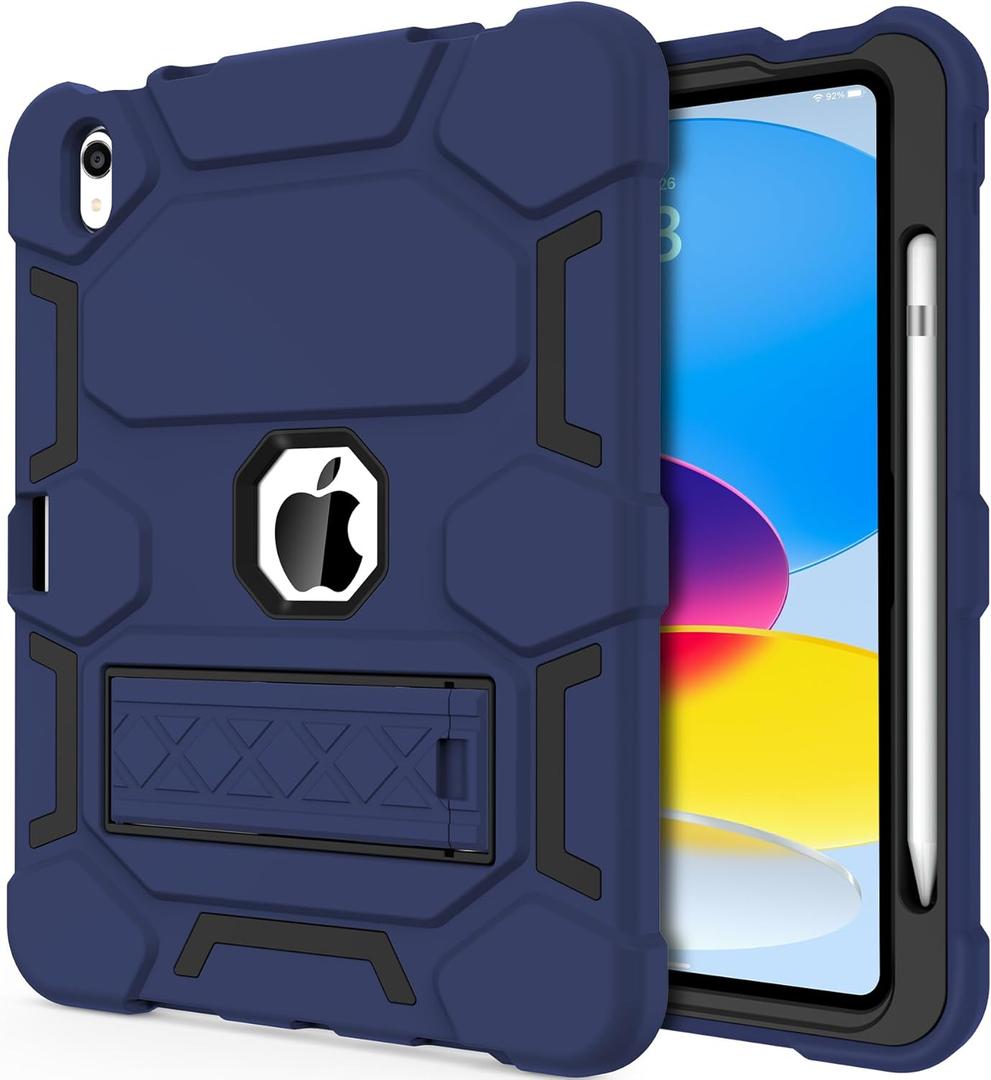 CCMAO Case for iPad 10th Generation 10.9 Inch 2022, iPad (A16) 11th Generation 11 Inch 2025, with Kickstand & Pencil Holder, Heavy Duty Shockproof Hybrid Protective Cover for Kids, Navy Blue+Black