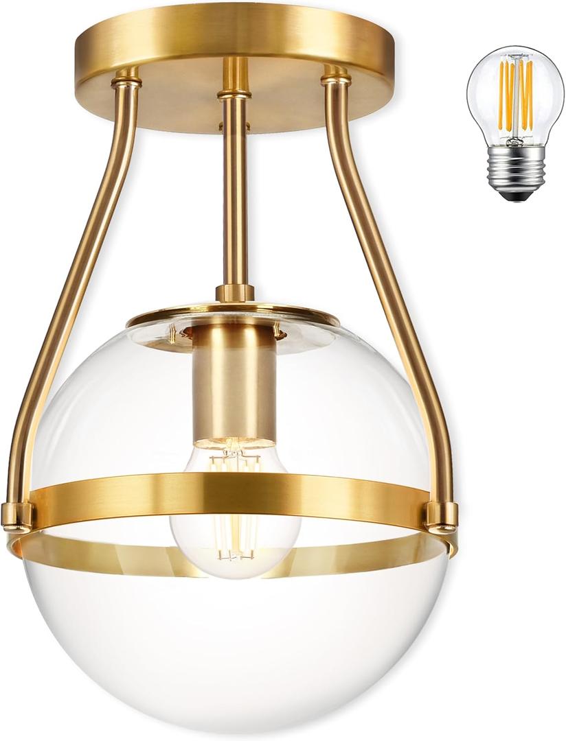 6" Globe Semi Flush Mount Ceiling Light Fixture Modern Gold Semi Flush Mount Ceiling Light Mid Century Ceiling Light with Clear Glass Shade Brass Finish for Hallway Bathroom Foyer (Bulb Incl.)