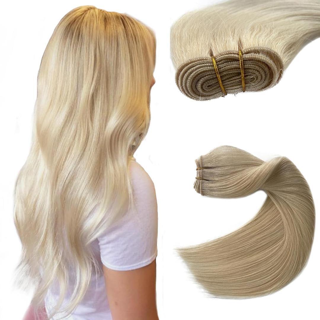 Sew in Hair Extensions Real Human Hair, 20 Inch 100G Weft Hair Extensions Human Hair Bundles Platinum Blonde Hand Tied Weft Hair Extensions Human Hair Weft Sew in Weave Bundles