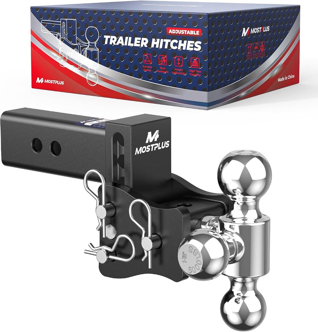 MOSTPLUS Trailer Hitch Compatible with 2.5 Inch Receiver, 3 Ball Mount with 1 7/8", 2" & 2 5/16" Balls, 4" Adjustable Height, 20, 000 lbs GTW, Heavy Duty Towing Hitch for Most Truck & SUV