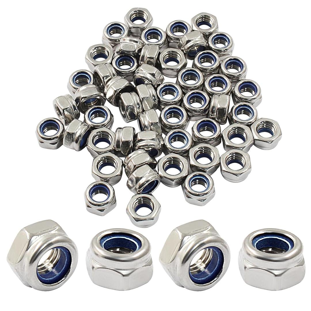 Hordion 50Pcs M6-1.0mm Nylon Lock Nut, 304 Stainless Steel Nylon Insert Locknuts Non-Slip Hex Lock Nuts, Silver Tone