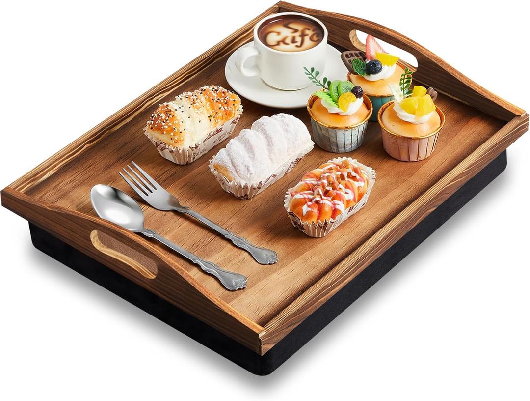 Tioncy 1 Piece Bamboo Lap Tray with Detachable Pillow 16.9'' x 13'' Lap TV Trays Desk with Handles for Adults Eating in Recliner Breakfast Housewarming Gift (Burn Color)