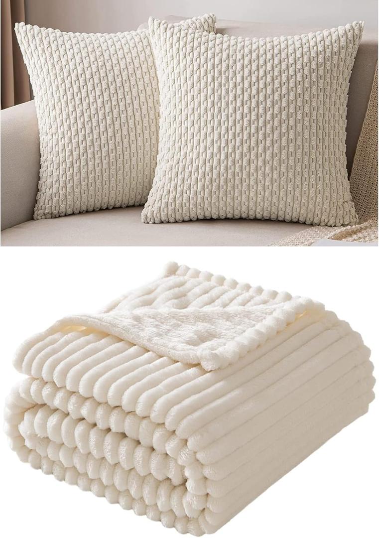 MIULEE Throw Pillow Covers Soft Corduroy Decorative Set of 2 Boho Striped Pillow Covers Pillowcases Farmhouse Home Decor for Couch Bed Sofa 20x20 Inch Cream White Bundle Fleece Blanket 50x60 inch