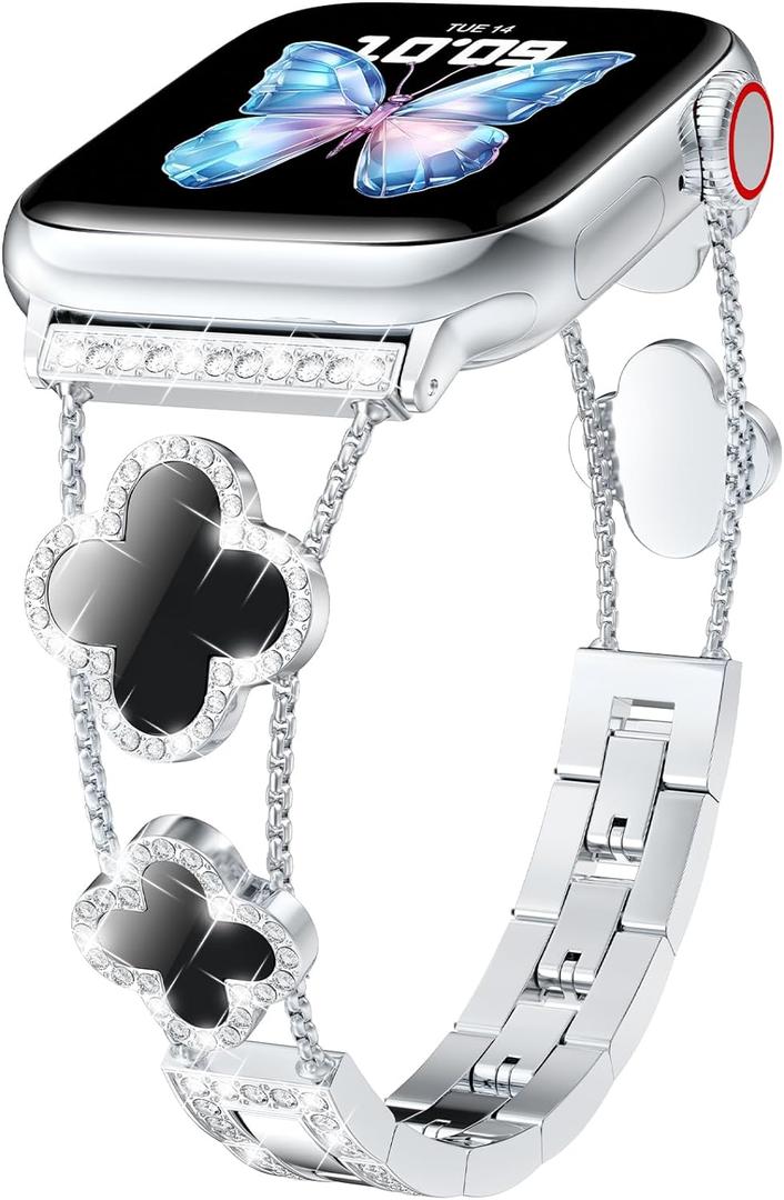 CTYBB Bling Diamond Band Compatible with Apple Watch Bands for Women 40mm 41mm 38mm 42mm Series 11 10 9 8 7 6 5 4 SE 3 2 1, Sparkle Metal Bracelet Wristband, Cute Lucky Clover Dressy iWatch Band,Silver/Black