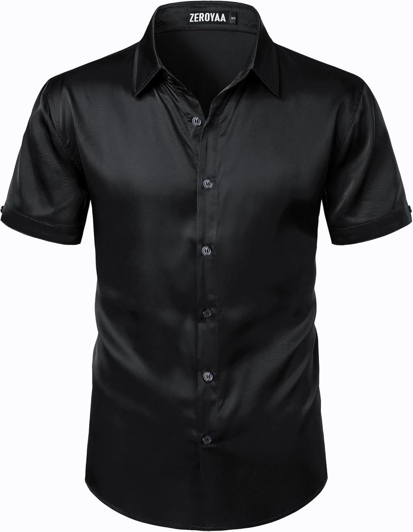 ZEROYAA Men's Hipster Shiny Silk Satin Shirt Regular Fit Short Sleeve Casual Button Down Dress Shirts for Summer Party (Medium, Black)