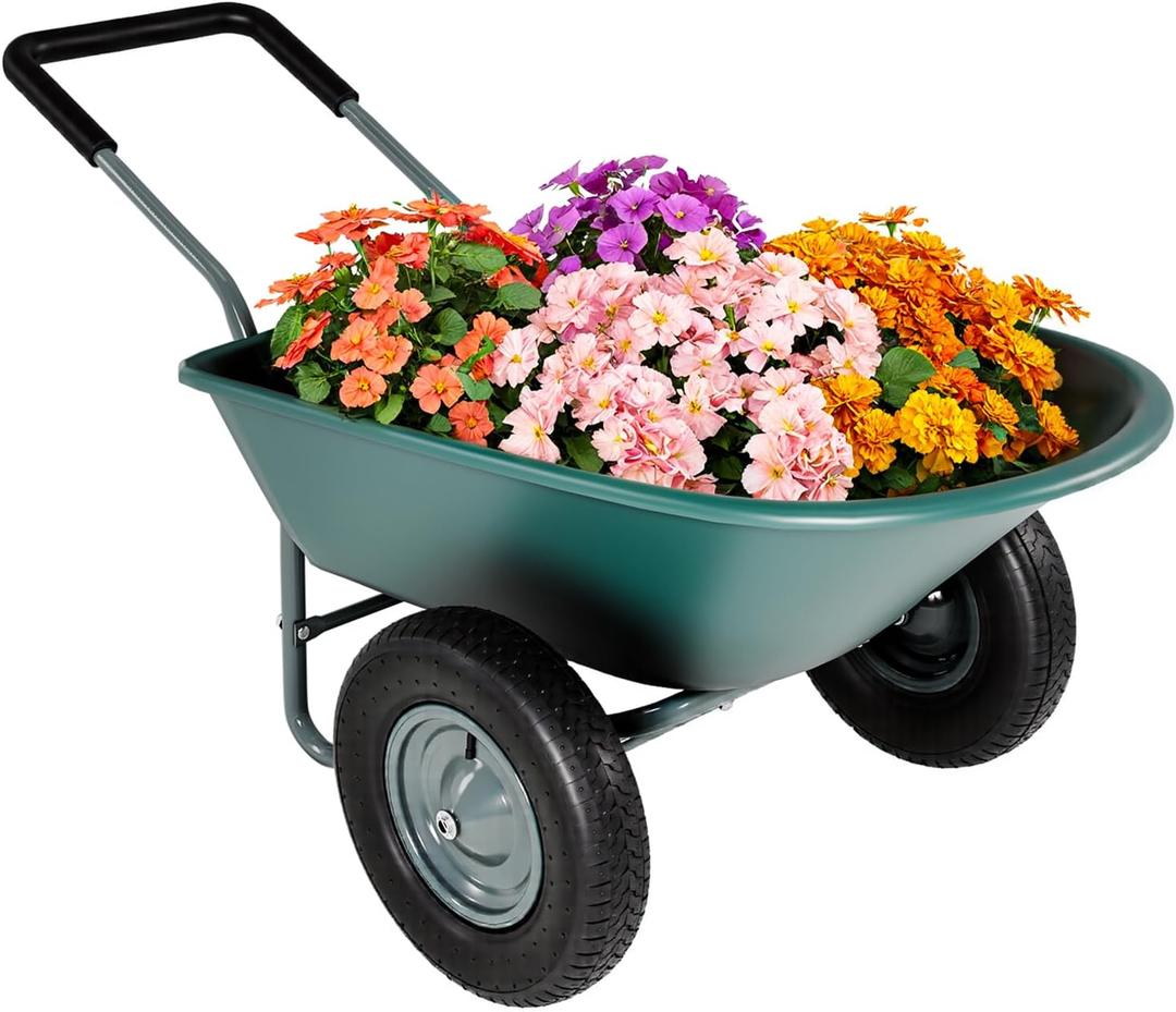 Upgrade 2 Wheel Wheelbarrow, Yard Cart with Padded Handlebar, 14 Inch Pneumatic Tires for High Stability, Ideal for Moving Soil, Plant Shrub, Gardening Tool, Easy Assembly (Dark Green)