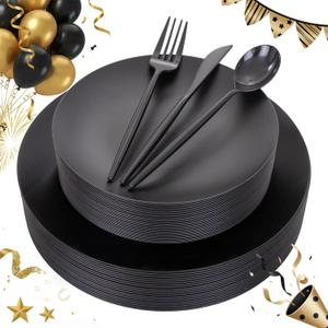 EI 150pcs Black Plastic Plates Frosted Plastic Plate,Premium Heavy Duty Black Plastic Plates,Black Disposable Plates with Plastic Silverware,10.25" Dinner Plates and 7.5" Dessert Plate New Year Party
