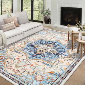 COZYLOOM Washable Area Rugs 8x10 Rug for Living Room Boho Oriental Vintage Rug Non Slip Throw Rugs Large Area Rug for Bedroom Low Pile Stain Resistant Carpet for Dining Room Nursery 8ftx10ft Blue/Beige