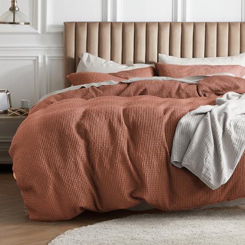 Bedsure Cotton Duvet Cover King - 100% Cotton Waffle Weave Burnt Orange Duvet Cover King Size, GentleSoft™ and Breathable Bedding Set for All Season, 3 Pieces, 104"x90"