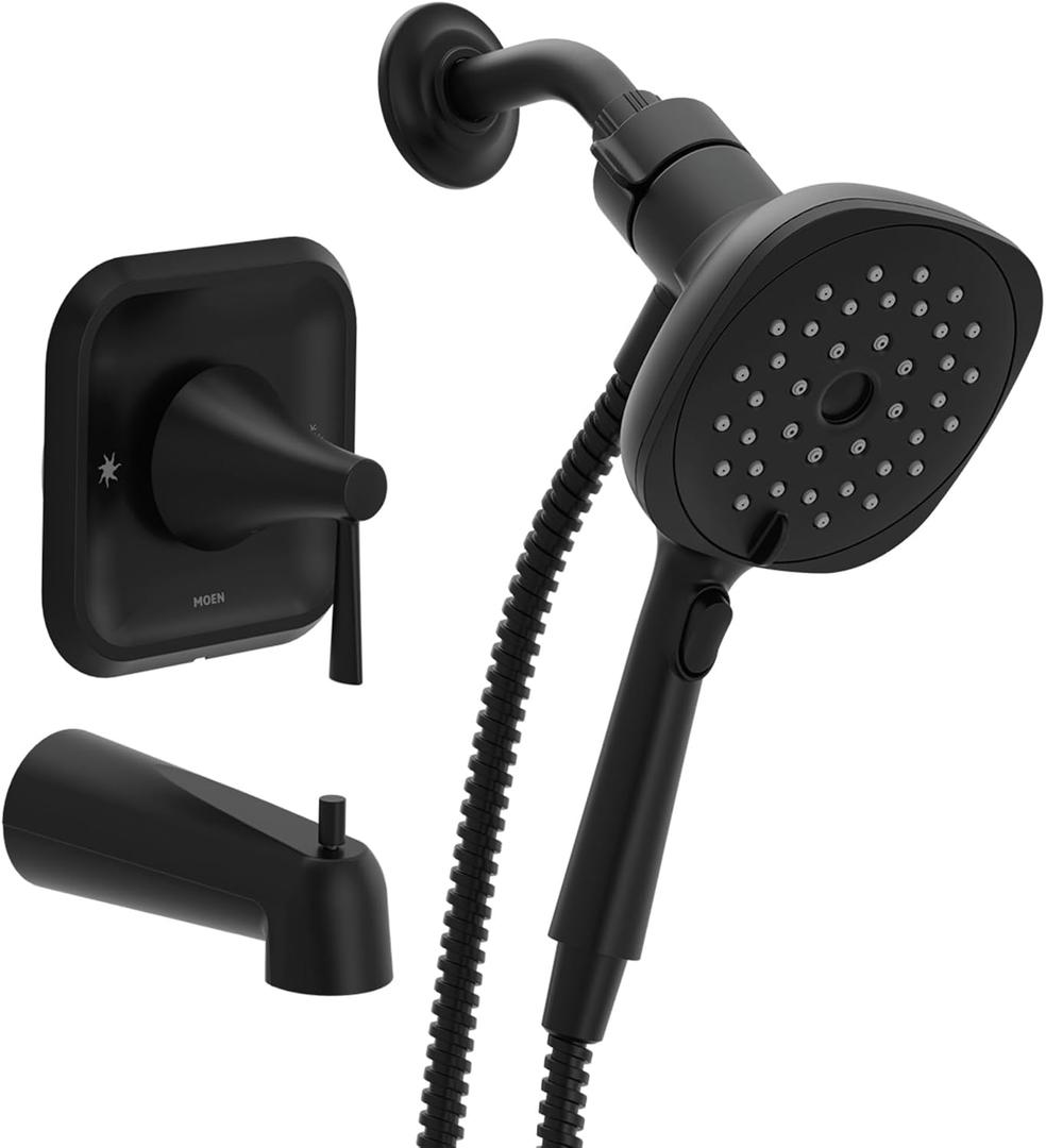 Moen Ronan Matte Black Single-Handle Modern Tub and Shower Faucet with Square Handheld Rain Shower Spray Head Featuring Magnetix, Valve Included, 82022BL