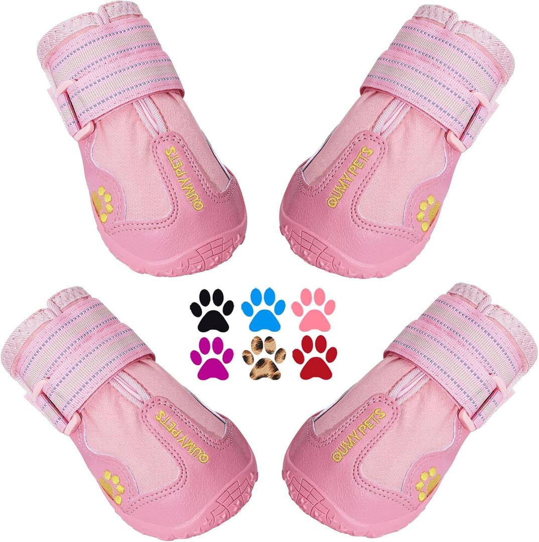 QUMY Dog Boots Waterproof Shoes for Dogs with Reflective Strips Rugged Anti-Slip Sole Black 4PCS (Size 4: 2.2''x2.6''(W*L) for 31-40 lbs, Pink)