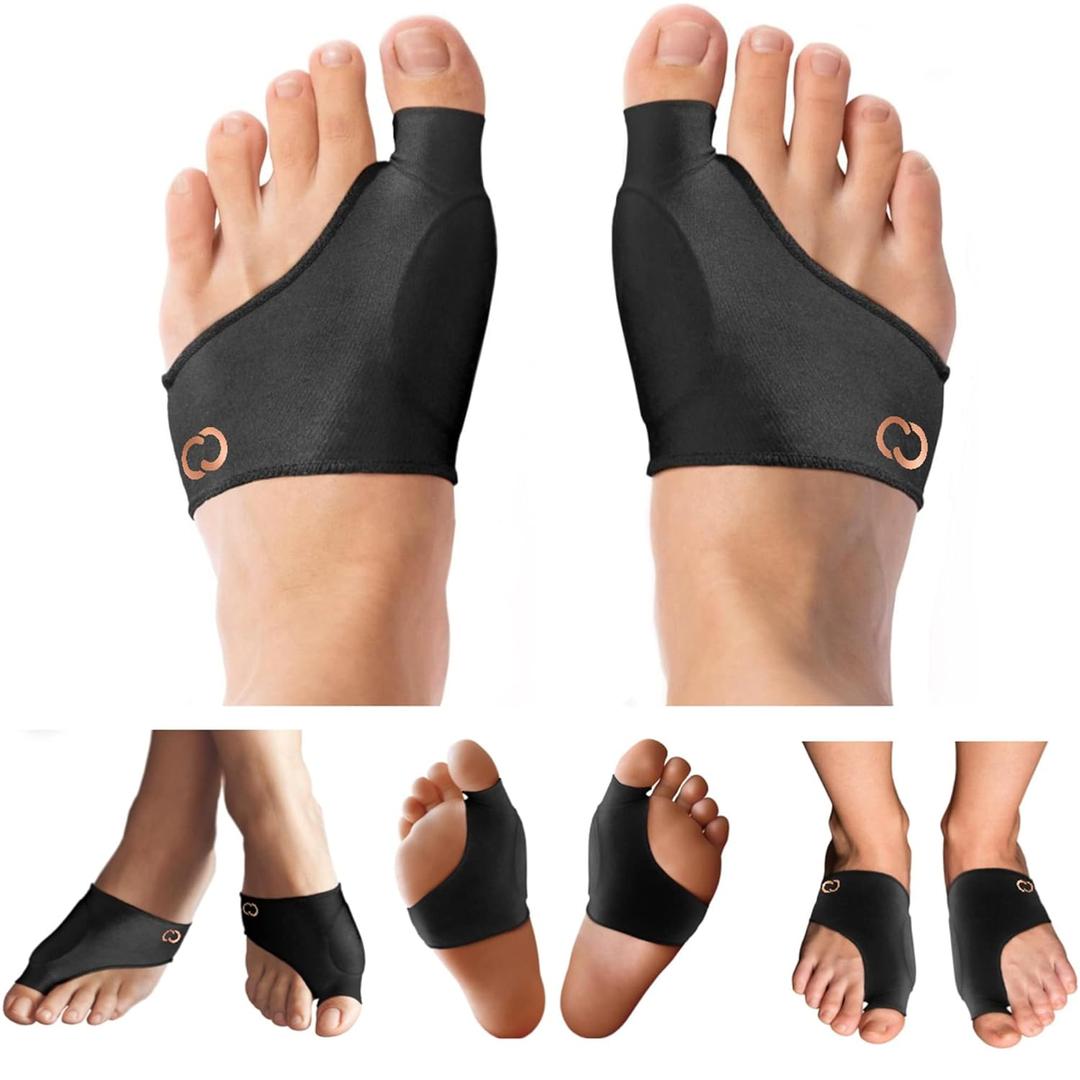 Copper Compression Bunion Corrector Relief Sleeve - Gel Cushion Pads - Copper Infused - Orthopedic Brace Big Toe Alignment - Hallux Valgus Relief - Straightener Spacer Fit for Women & Men - 1 Pair (Black)