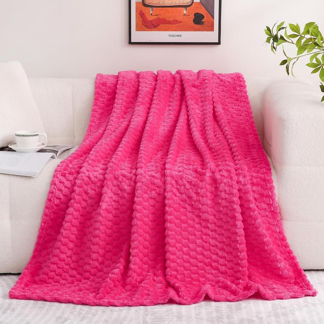 Puncuntex Hot Pink Throw Blanket 60"x80" inches Fuzzy 3D Jacquard Decorative Flannel Fleece Super Soft Plush Cozy Blanket for Couch Sofa Chair Lightweight