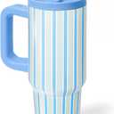 SANDJEST Stripe Stainless Steel Locking Lid Silicone Straw Tumbler with Handle 40oz, Insulated Stainless Steel Travel Cup for Women Girls Friends, Gift Idea for Birthday Summer Vacation (Blue Mint)