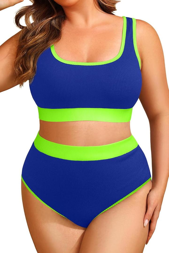 Tempt Me Women Plus Size High Waisted Bikini Set Two Piece Swimsuit Full Coverage Sporty 2 Piece Bathing Suits (Blue Green) 18plus