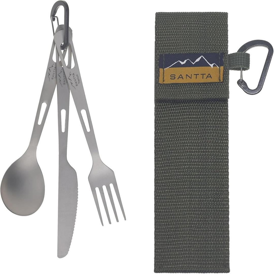 SANTTA Titanium Camping Utensils, Ultra Light Spoon Fork Knife 3 Piece Set, Cutlery Set with Pouch and Carabiner for Outdoor Camping, Hiking, Backpacking, Hiking, Picnic and Travel