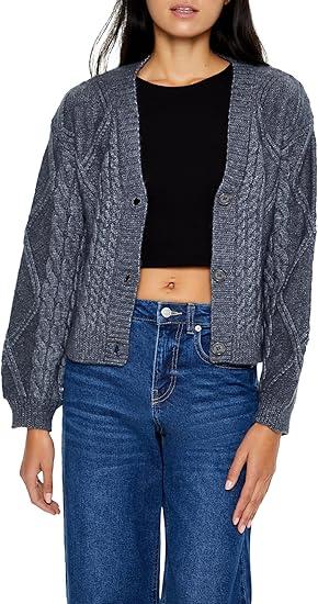 Forever 21 Women's Cable Knit Cardigan Sweater Dark Grey XSmall