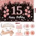 15th Birthday Decorations for Girls,51Pcs PRE-STRUNG Rose Gold Black Party Set-15 Years Old Crown and Sash,Banner Backdrop Balloons Candle Hanging Swirls Paper Fans,PRE-ASSEMBLED