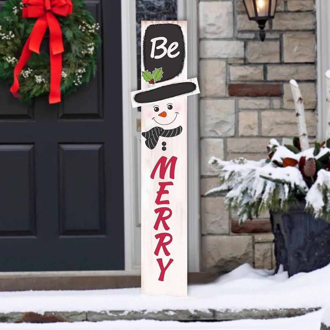 Winter Snowman Be Merry Welcome Porch Sign For Front Door Christmas Snowflake Wooden Vertical Welcome Sign Yard Standing For Patio Front Door Porch Wall Yard Home Decor Indoor Outdoor 47.2" X 7.8