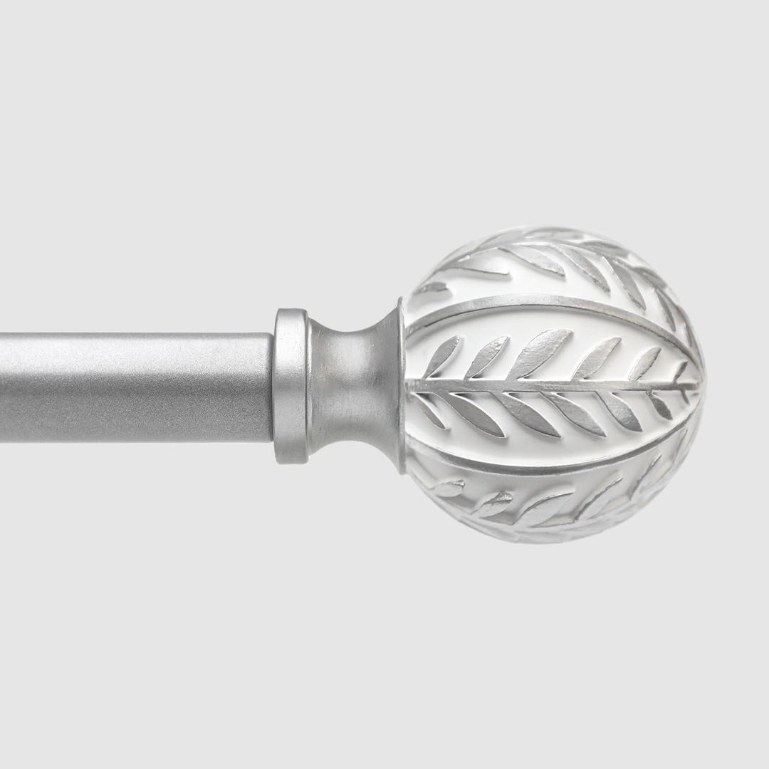 Silver Curtain Rods for Windows 48 to 84 inch,1" Adjustable Heavy Duty Window Curtain Rod with Leaf Finials, Rustic Decorative Drapery Rods Set,  Size:36-88''