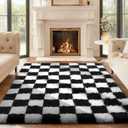 Ophanie Checkered Black & White Rug for Living Room Bedroom, Fluffy Soft Cute Fuzzy Area Rugs, Shag Plush Shaggy Bedside Floor 4x6 Furry Carpet for Kids Baby Teen Dorm Nursery Home Decor Aesthetic