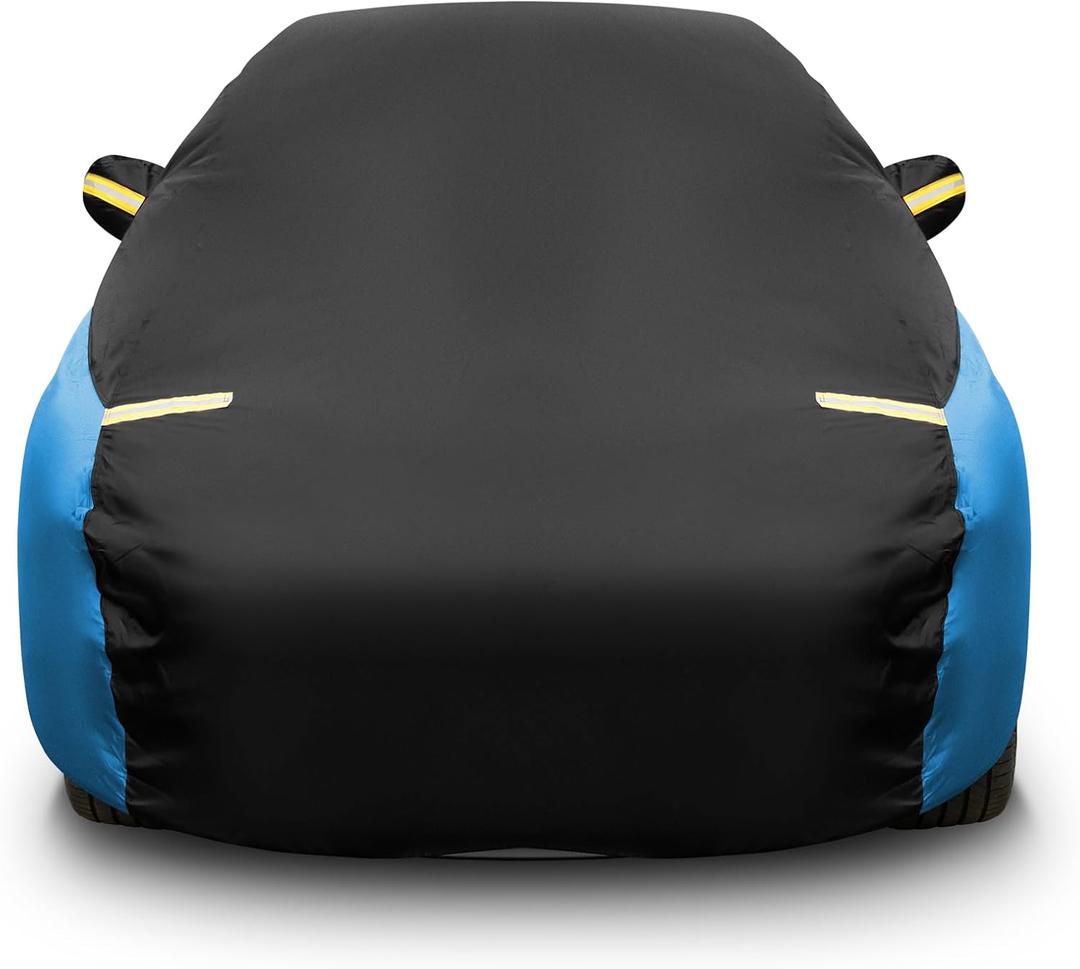 Riakrum Full Car Cover Waterproof All Weather for Automobiles Windproof Cover Rain UV Protection Sun Scratch Resistant Outdoor Universal(Fit Sedan Length/Small SUV (185193") 59'' H,Black, Blue)