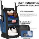Rolling Baseball Bag with Wheels, 60L Capacity Wheeled Softball bag with Shoe Compartment for Youth & Adult, Bat bag with Hidden Straps,Fence Hook,Holds 4 Bat, Helmet, Glove