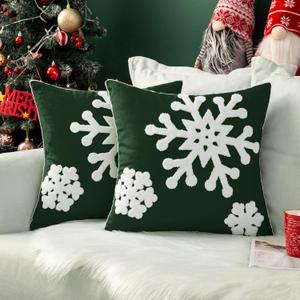 MIULEE Pack of 2 Christmas Decorative Snowflake Throw Pillow Covers Canvas Embroidery Winter Cushion Cases Holiday Decor Soft Pillowcases for Winter Couch Sofa Bedroom Car, Dark Green, 20x20in
