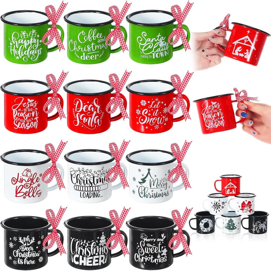 Sliner 12 Pcs Christmas Mini Coffee Mugs Bulk with Ribbon Plaid 8.5 oz Xmas Enamelware Metal Mug with Black Rim for Home Tiered Tray Table Kitchen Decoration Housewarming Gifts(Bright)
