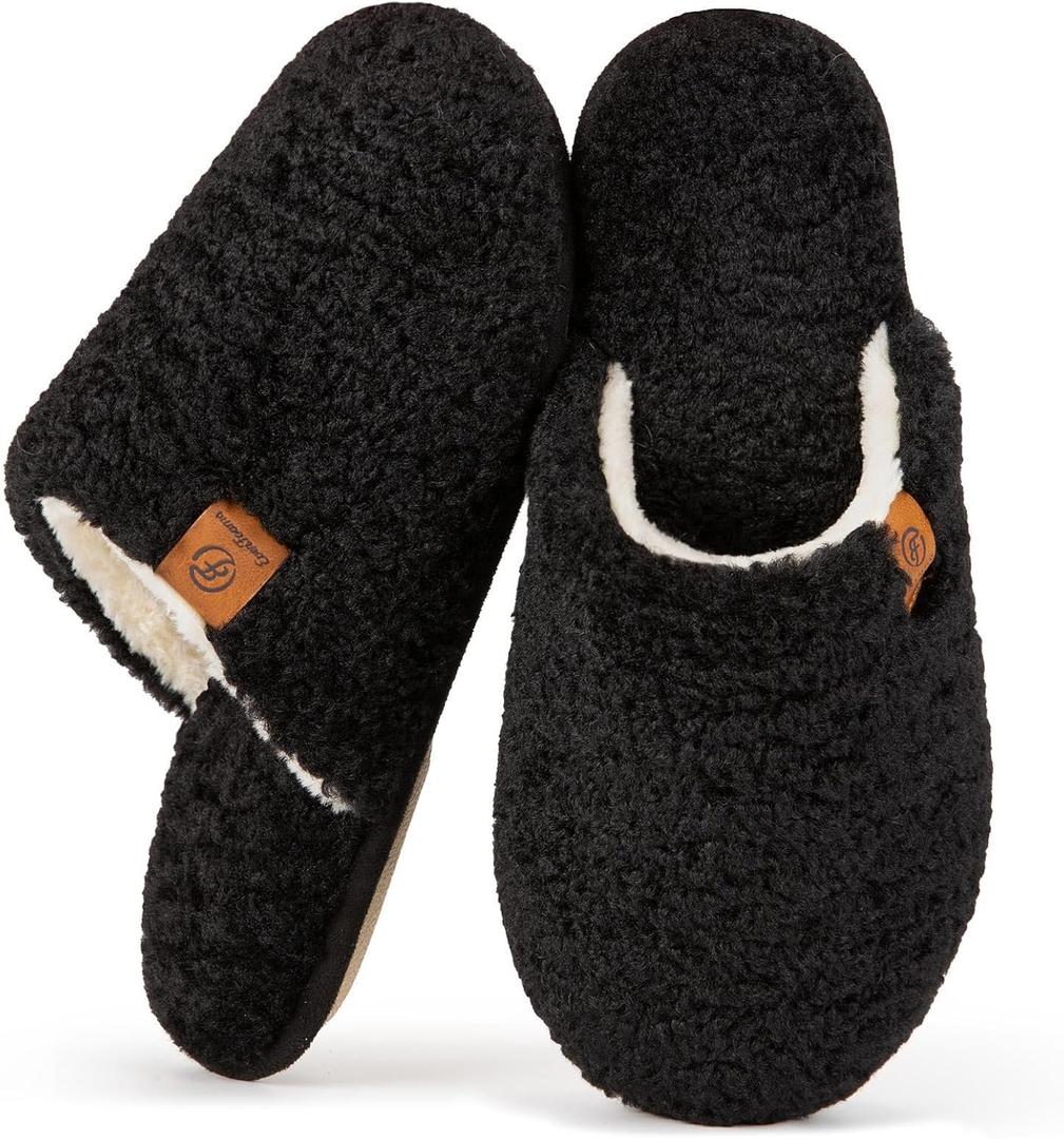EverFoams Women's Fuzzy Slip-on Slippers Warm Cozy Soft Lightweight Memory Foam Indoor House Shoes Black, 7-8 US