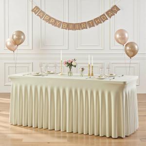 Suppromo 8ft Beige Spandex Tablecloths for Rectangle Tables Wrinkle Free Beige Rectangle Table Cloth Stretch Fitted Table Cover with Skirt for Wedding Birthday Party Banquet Baby Shower Buffet Event,Beige, 96" x 30" (8FT - 1 Pack)