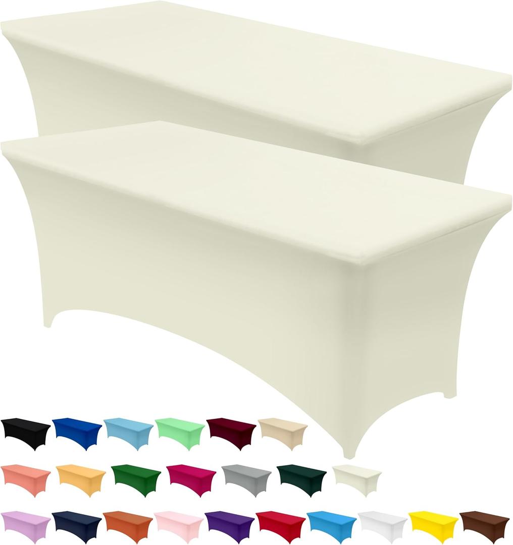 Utopia Kitchen Spandex Tablecloth 2 Pack [6FT, Ivory] Tight, Fitted, Washable and Wrinkle Resistant Stretch Rectangular Patio Table Cover for Event, Wedding, Banquet & Parties