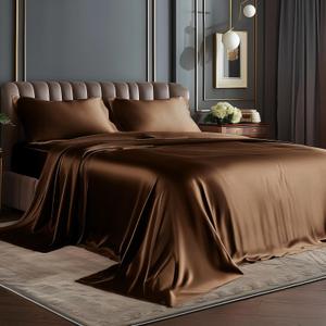 BEDELITE King Size Sheets Set, Luxury Soft Brown Satin Sheets for Hair and Skin, Similar to Silk Bed Sheets Set 4 Pieces with 1 Deep Pocket Fitted Sheet, 1 Flat Sheet, and 2 Pillowcases