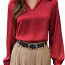 GRACE KARIN Business Casual Tops for Women Satin Silk Blouse Collared V Neck Long Sleeve Work Shirts Dressy Tops Fall Clothes, L