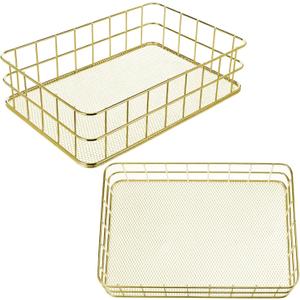 2 Pack Gold Metal Storage Baskets, Organizer Wire Mesh Desktop Decor Trays for Home, Office, Bathroom, Kitchen, Farmhouse Vanity 9.65x6.5x2.56 Inch