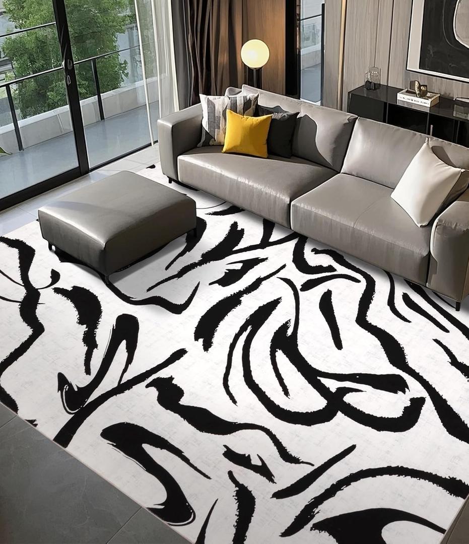 YIHOUSE Modern Rugs 6x9, Washable Black and White Area Rug, Thin Abstract Geometric Minimalist Striped Rug, Black Rugs for Living Room,Bedroom,Kitchen,Dining Room,Office