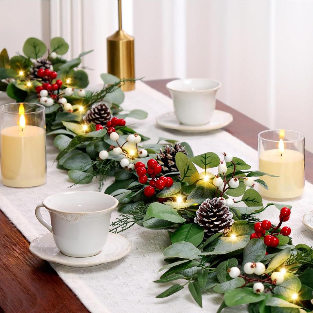 2 PCS 6ft Prelit Artificial Eucalyptus Christmas Garland, Multi-Color Lights/Battery Operated, Lighted Christmas Garland for Mantle Table Stairs Railing Xmas Indoor Outdoor Decoration