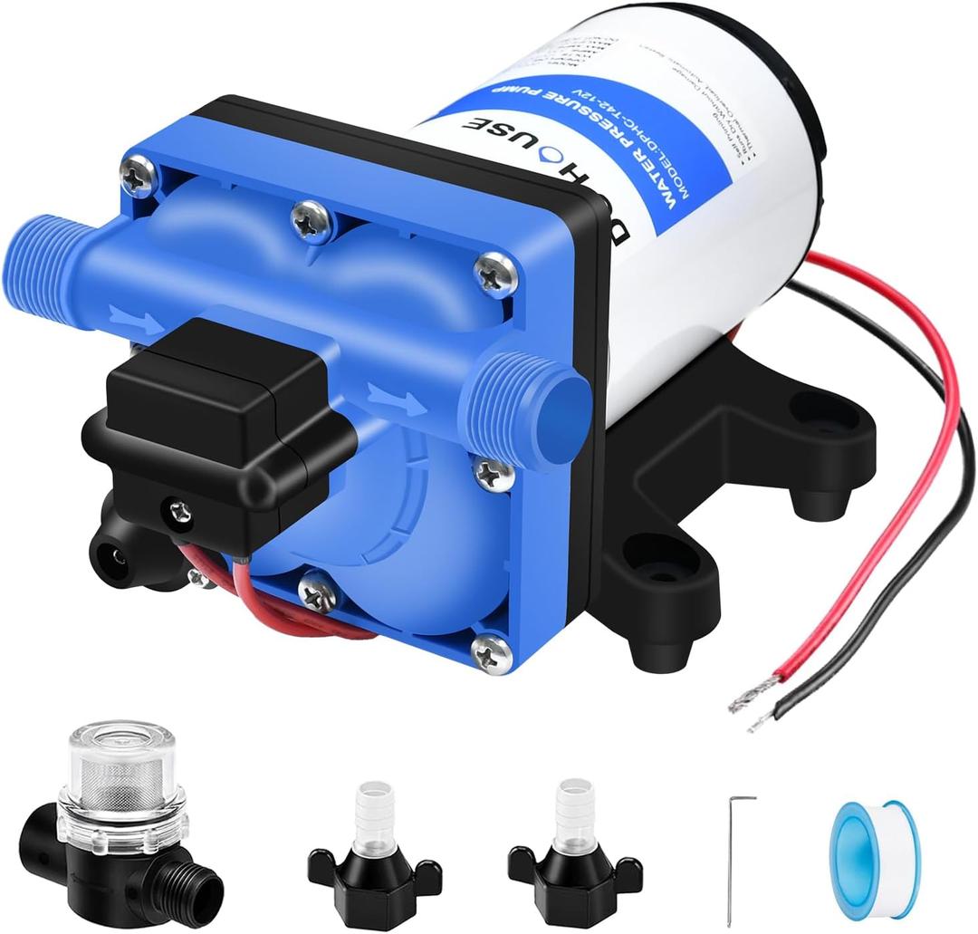 DC HOUSE 42 Series RV Water Pump Replacement Quiet 12V 3.5GPM 55PSI, 12 Volt Water Diaphragm Pressure Pump Self Priming with Bypass for Reduced Cycling Transfer Fresh Salt Liquid Yacht Trailer Truck