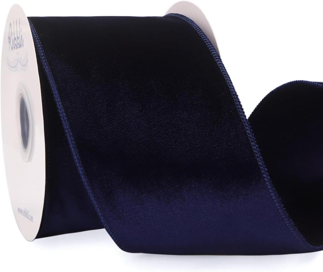 Ribbli Navy Velvet Wired Ribbon 4 Inch Velvet with Satin Christmas Ribbon for Gift Wrapping Christmas Tree Decoration Crafts Wreaths Supplies-Continuous 10 Yards
