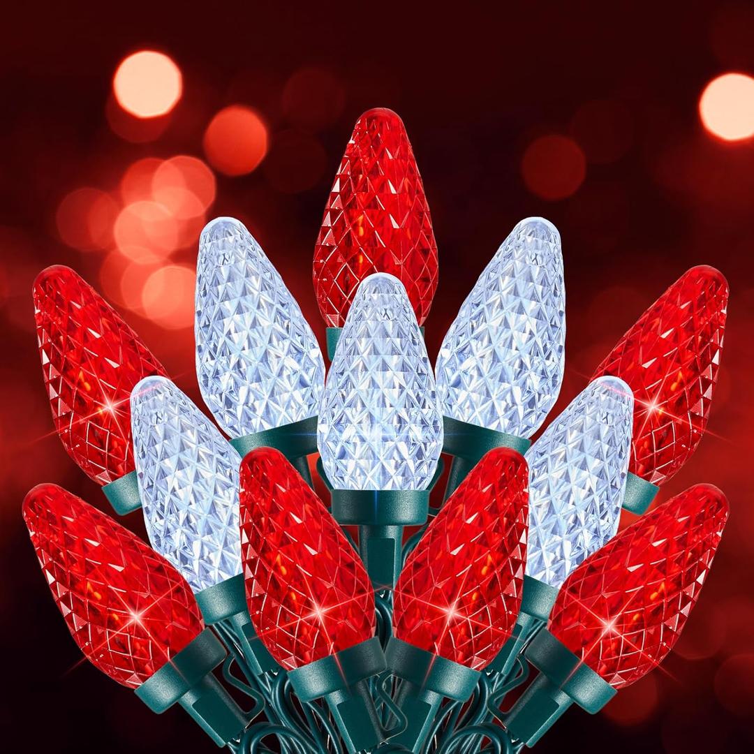 C9 Christmas Lights Outdoor, 66 FT 100 LED Connectable C9 String Lights with 8 Modes and Timer Xmas Tree Patio Roofline Garden Yard Holiday Party Indoor Outdoor Decoration, Red and White