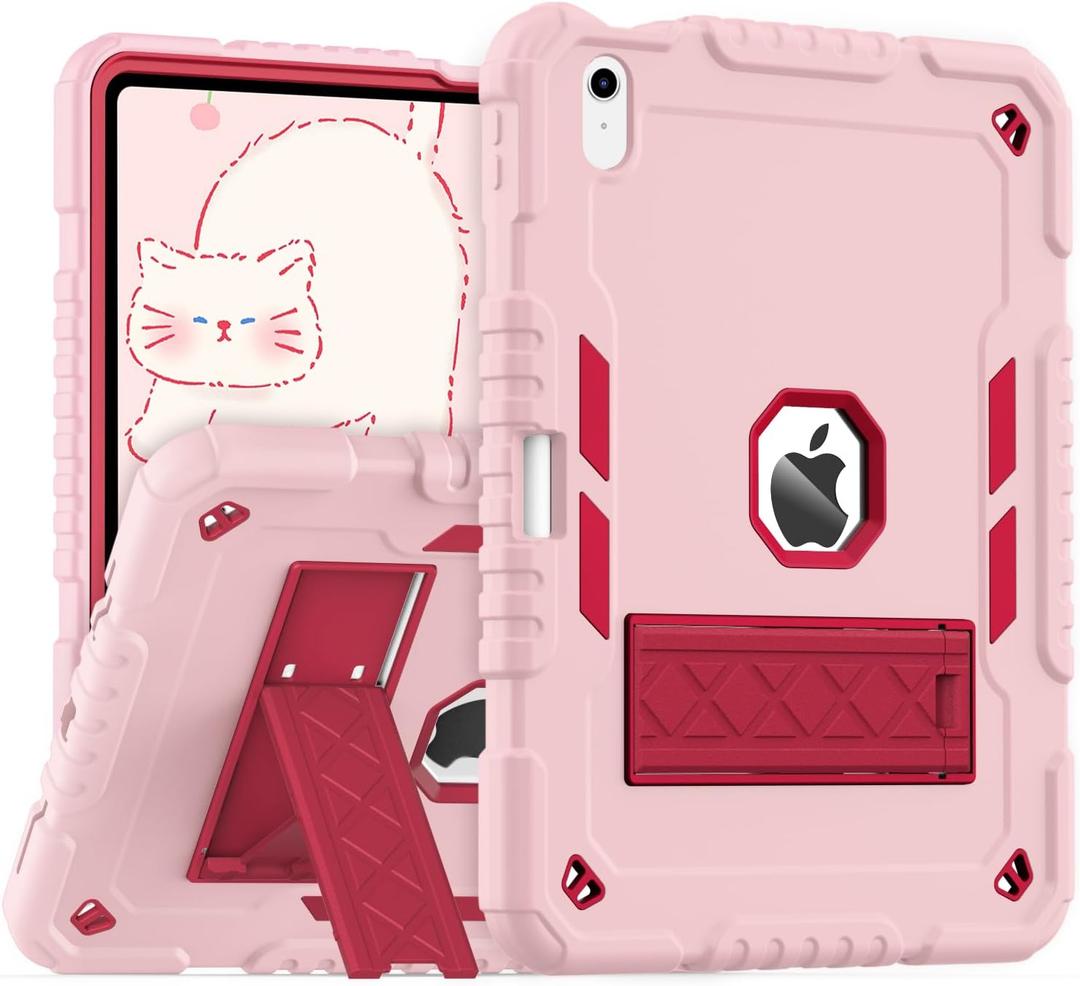 ZoneFoker for iPad (A16) Case 11th Generation 11 inch 2025 / iPad 10th Generation 10.9 inch 2022, Heavy Duty Durable i Pad 11/10 Gen Cover with Pencil Holder/Stand (Pink+Red)