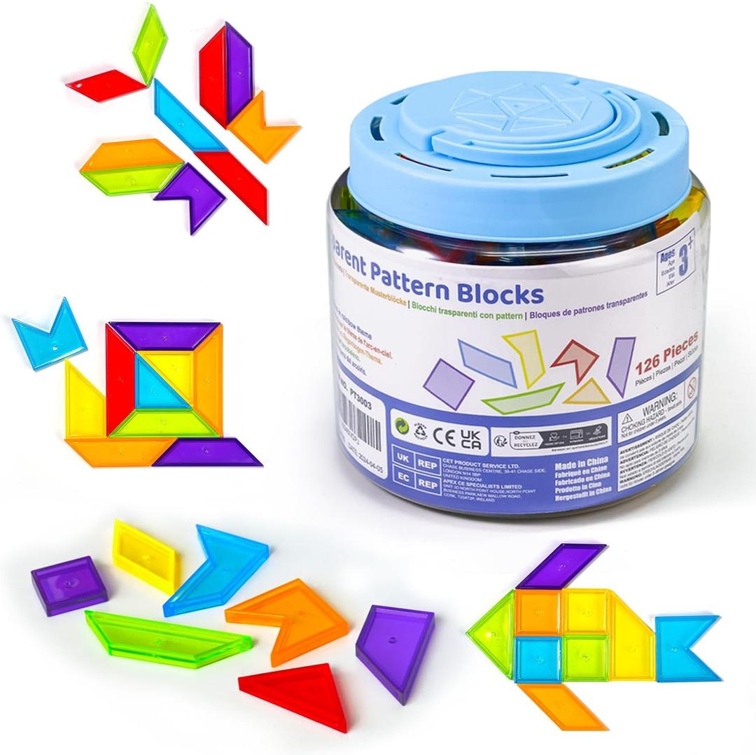 Pairez Toys Transparent Pattern Blocks, 126 Pcs Geometric Shapes Blocks, Tangram Puzzles, Practice Sorting Counting Patterning, Math Manipulatives for Kids, Back to School Supplies, Teacher Supplies, 89.96 mm x 89.96 mm x 165.1 mm