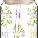 Hoolerry Coquette Bow Aesthetic Cup, 16 oz Dainty Glass Cup in Pink with Lid and Straw, Vintage Coquette Aesthetic Drinking Jar for Girls Women Valentines Birthday Party Favors(Bow Plant)